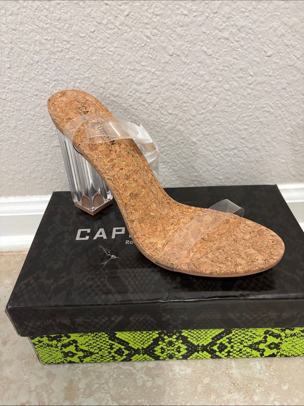 Clear Strap Cork Mule Heel in Cork and Transparent